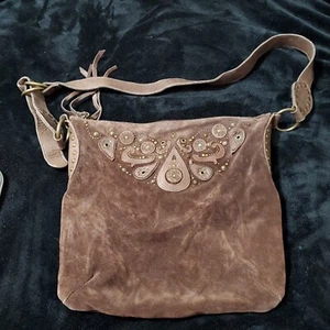 Fossil Brown Suede Leather Embroidered Hobo Purse 75032 - Picture 1 of 14