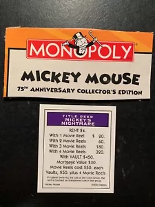 Monopoly Mickey Mouse MICKEYS NIGHTMARE Title Deed Card 75th Aninnversary 2004 - Picture 1 of 4