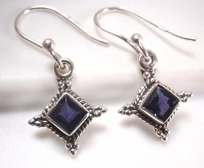 Faceted Iolite 4-Points Square 925 Sterling Silver Dangle Earrings Very Small - Image 1 of 4