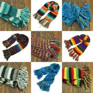 Hand Knitted Wool Scarf Woolly Warm Winter Cosy Stripe Space Dye Rainbow Pattern - Picture 1 of 97