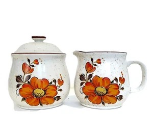 Juego de crema de azúcar de gres moteado vintage de Japón cerámica naranja flor primavera - Imagen 1 de 14
