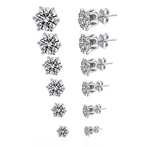 6 Pairs Stud Earrings Set, Hypoallergenic Clear Cubic Zirconia 316L Earrings Sta - Picture 1 of 6