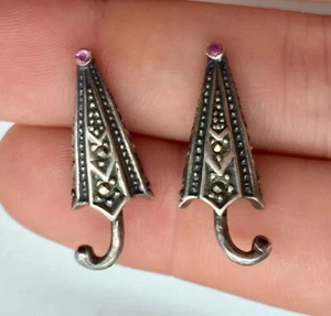 Antique Umbrella Earrings With Marcasites And Rubies 925 Sterling Silver Estate - Picture 1 of 5