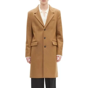 The Kooples Mens Camel Leather Lapel Collar Wool Blend Overcoat Size 36 - Picture 1 of 19
