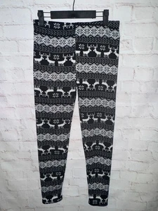 Winterleggings warm gefüttert schwarz weiss Rentiere Schneekristalle Grösse XS S - Bild 1 von 3
