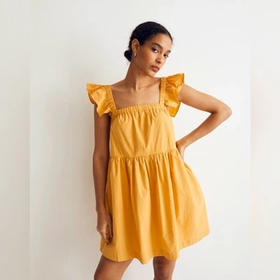 Mini Vestido Madewell Amarillo Mostaza Flutter Cuello Cuadrado Verano Algodón XL X Grande Foto 1 de 4