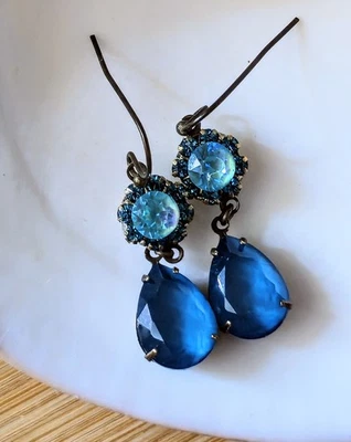 Victorian Ethereal Blue Swarovski Elements Flower Crystals In Brass  Earrings - Image 1 of 4