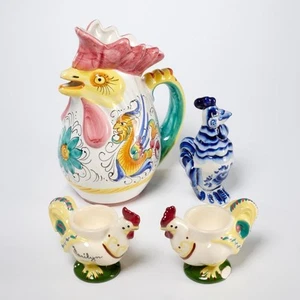 Deruta Italian Ceramic Chicken Rooster Hen Pitcher Egg Cups Figurine Lot - Picture 1 of 9