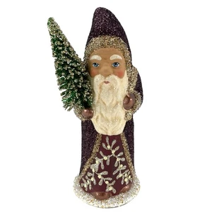 Schaller Bourdeaux Glitzer Weihnachtsmann mit Goldbeutel Deutsch Pappmaché 6,75 cm Neu - Bild 1 von 9