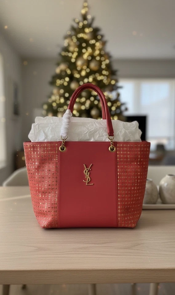 Vintage DHGate YSL Tote bag, Taffy Red With Gold Cutouts - Image 1 of 4
