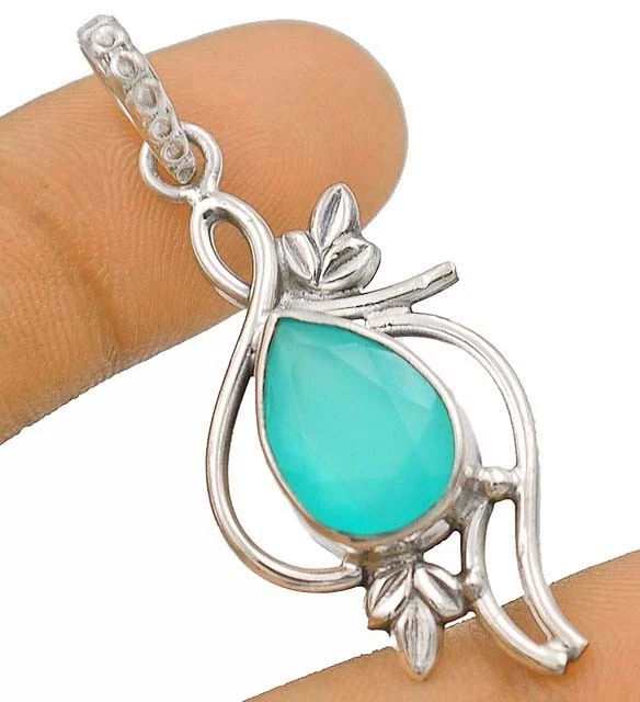 Pingente de prata esterlina 925 calcedônia água-marinha natural 1 3/4" de comprimento @3-7 - Imagem 1 de 1