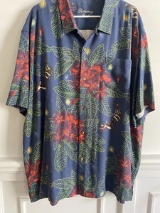 Tommy Bahama Shirt Mens 3XL Blue 100% Silk Hawaiian Seasons Greetings Christmas - Picture 1 of 7