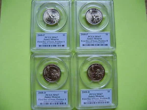 2008 P&D JAMES MONROE PCGS MS67 FDOI POSITION A&B 4-COIN BUSINESS DOLLAR SET - Picture 1 of 6