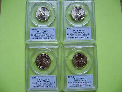 2008 P&D JAMES MONROE PCGS MS67 FDOI POSITION A&B 4-COIN BUSINESS DOLLAR SET - Image 1 of 4