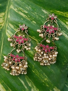 Indian Ethnic Earrings Traditional GoldPlated Kundan Pearl Wedding Jhumka Jhumki - Picture 1 of 22