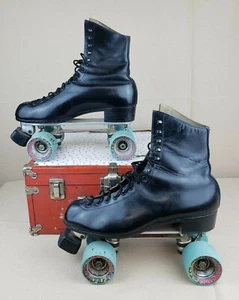 Vintage Chicago Black Roller Skates Blue Speedhead Wheels Men's Sz 8 w Red Case  - Picture 1 of 12