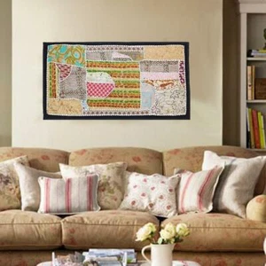 WALL HANGING ART VINTAGE RUNNER INDIAN HANDMADE EMBROIDERED PATCHWORK TAPESTRY - Picture 1 of 6