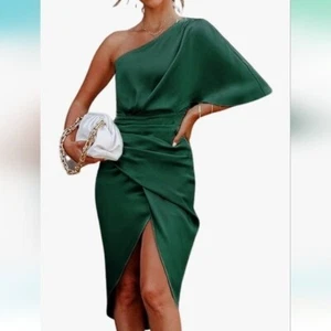 CUPSHE Women Satin Dress One Shoulder Midi High Low Hem green sz SMALL NWT party - Picture 1 of 2