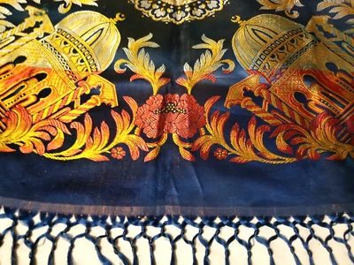 Винтажный WWll Тадж-Махал шелк парча атласный фортепиано шаль 1940-х шарф Ex Cond синее золото - Изображение 1 из 4