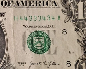 Número de serie de lujo serie de billetes de $1 2021~44333434~ ((binario)) - Imagen 1 de 3