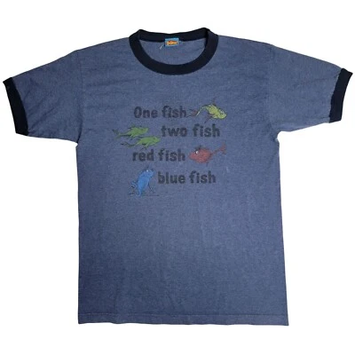 Dr. Seuss One Fish Two Fish Ringer T-Shirt Size Large Blue & Black Cotton Blend - Image 1 of 4