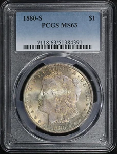 1880-S Morgan Dollar PCGS MS-63 - Amber Obverse Tab Toning! - Picture 1 of 3