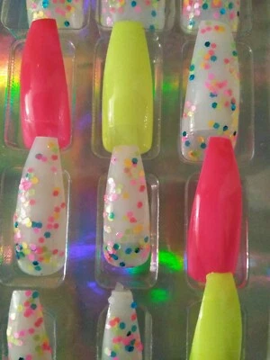 Ballerina Coffin Stiletto Neon Pink Yellow "Neon Kiss" Artificial Nail Tips Long - Image 1 of 4