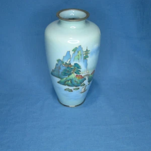 Japanese Cloisonne Vase Mt Fuji Depiction Blues 7.5 inch Tall - Picture 1 of 5
