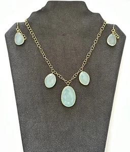 Argento Vivo Sterling Vermeil Aqua Chalcedony Necklace & Dangle Earring Set - Picture 1 of 6