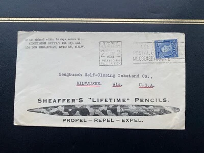 AUSTRALIA 1939 COVER: SHEAFFER'S LIFETIME PENCILS to USA w/ Slogan Cancel - Image 1 of 4