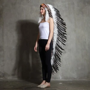 women Indian Turkey Brown Feather Native Warbonnet Replica Headdress 59"inch - Picture 1 of 11