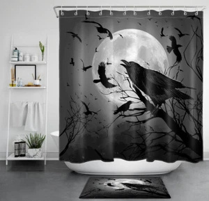 Juego de Cortina de Ducha Luna Llena 71" Halloween Noche Cuervo Flock para Decoración de Baño - Imagen 1 de 13