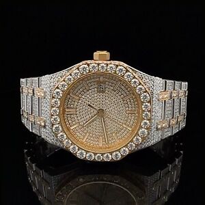 Real Moissanite Two Tone Gold Ice Out Mens Steel Watch Hip Hop Bust Down 40mm