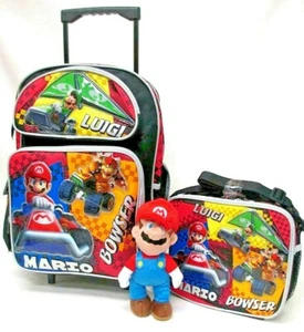 Super Mario Brothers Rolling 16" Backpack,Matching Insulated Lunchbox+Plush-New! - Picture 1 of 1