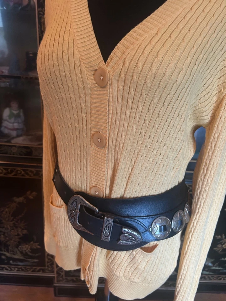 Vintage Concho Black Leather Wide Double Belt W Star Medallions Western Boho - Image 1 of 4