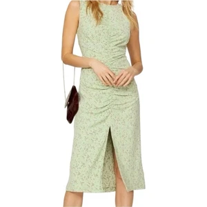 Love, Whit Pistachio Green Petite Floral Ruched Midi Dress High Slit Open Back L - Picture 1 of 9