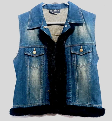 Mix-it Juniors Large Dk Wash Denim Vest Fur trimmed (Faux/Rabbit) Button up - Image 1 of 4