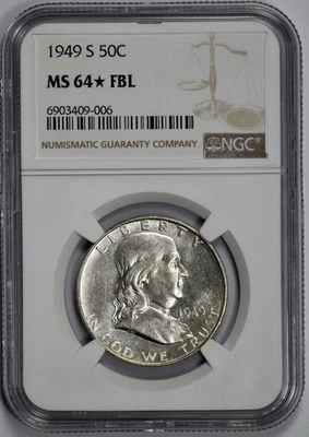 1949-S Franklin 50c Silver Half Dollar NGC MS 64* FBL Looks Proof Like - Image 1 of 4