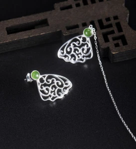 I04 Orecchino Ali Di Farfalla Con Giada Verde Argento Sterling 925 - Foto 1 di 5