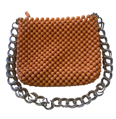 Orange Beaded Purse ShoulderBag MCM Japan Gold Chain Strap Pocket Zip VTG - Image 1 of 4