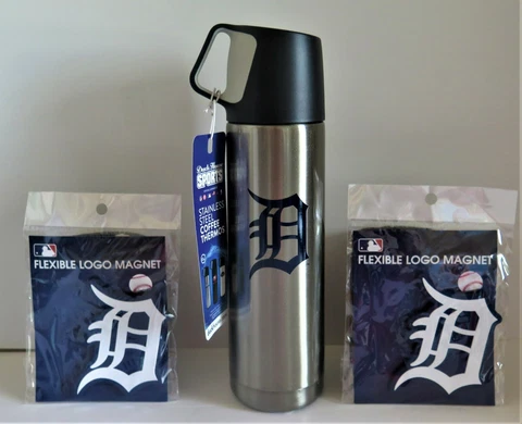 DETROIT TIGERS 17oz STAINLESS STEEL COFFEE THERMOS & TWO FLEXIBLE MAGNETS Cover