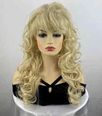 Pelucas de cabello sintético rubio rizado largo mujeres pelucas naturales de fiesta con flequillo Foto 1 de 4