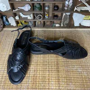 Vintage 90er schwarze Leder Huarache Sandalen offene Zehenpartie von Soft Spots Größe 11 - Bild 1 von 11