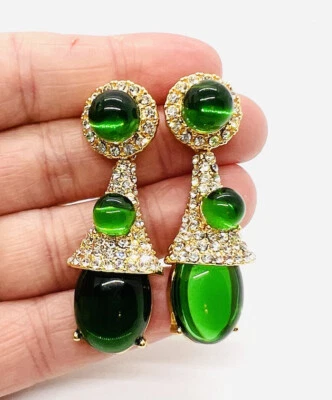 Long Catwalk Jon Emerald Green GLASS & Pave Rhinestone Earrings Sterling Posts - Image 1 of 4