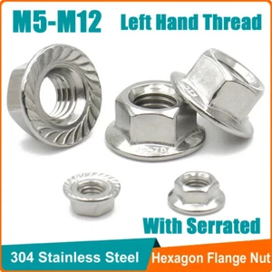 M5 M6 M8 M10 M12 Left Hand Thread Hexagon Serrated Flange Nut A2 Stainless Steel - Picture 1 of 16