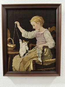 Vintage komplette Nadelspitze Albert Anker Mädchen mit Katze Handarbeit gerahmte Kunst - Bild 1 von 6