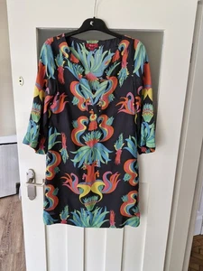 Monsoon 100% Silk tunic Dress 12 Neon Coloured Tribal Pattern Black block print - Picture 1 of 10
