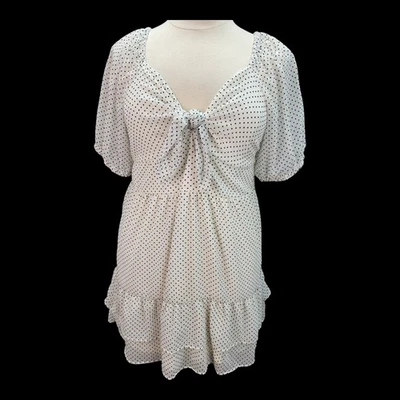 NWT LC Lauren Conrad Dress XLARGE White Polka Dot Babydoll Tie Front Ruffle Hem - Image 1 of 4