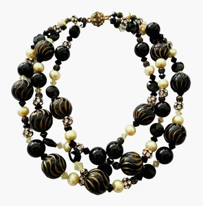 Gargantilla Gruesa Vintage Multi-Hebra Negra y Dorada con Perla Imitada *IMPRESIONANTE* - Imagen 1 de 7
