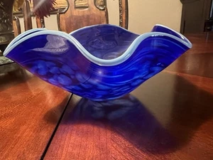 Hand Blown Studio Art Glass Fluted Bowl Signed Blue Swirl - Picture 1 of 8